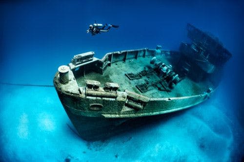 The wreck of the Kittiwake with a person scuba diving