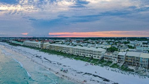Ariel view of the beach at Destin at sunset