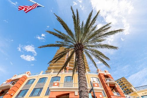 Ground up view of the Commons Shopping mall and palm tree with America flag