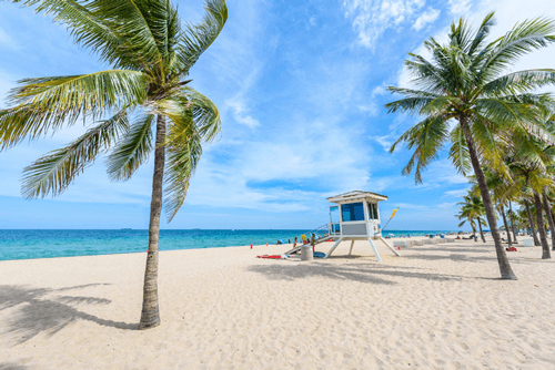 Fort Lauderdale in the Boca Raton area white sand beach with palm trees and lifeguard hut