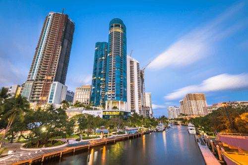 Riverwalk with skyscrapers behind in Fort Lauderdale