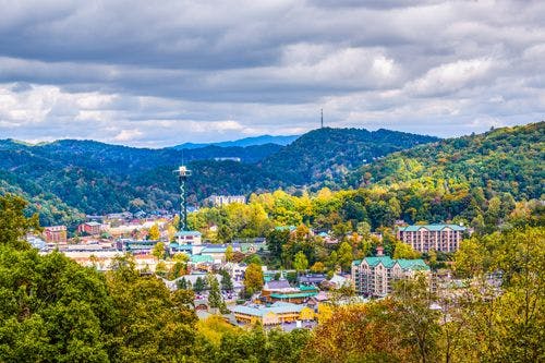 View of Gatlinburg town with the Space Needle visible in the center of town