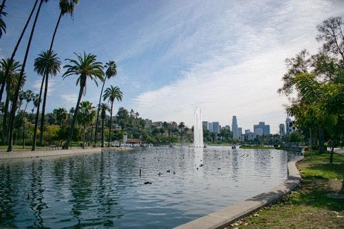 Echo Park Lake with fountain and LA skyline in the background