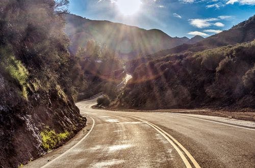 Sun rays over the famous Mulholland Drive in California