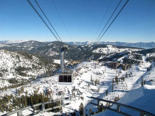 The Heavenly Gondola high above the snow covers slopes of Lake Tahoe