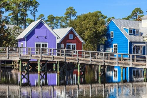 Colorful huts in Baytown Wharf near Destin in Florida