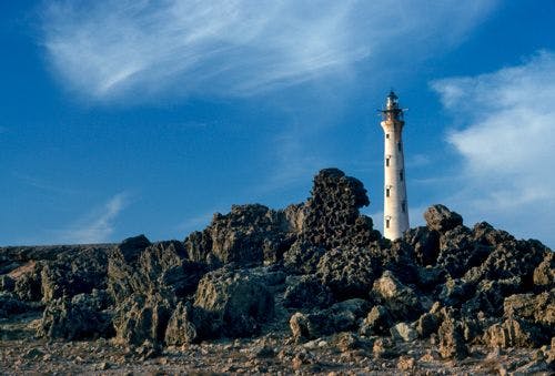 California Lighthouse in Aruba behind volcanic rocks