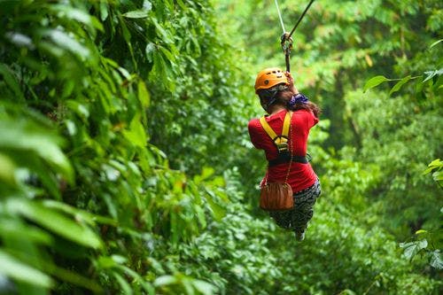 A lady wearing a red shirt ziplining through a forest canopy