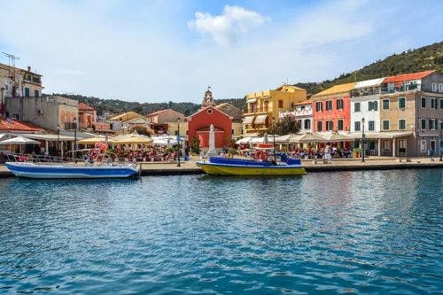 Small village with colorful buildings in Paxos