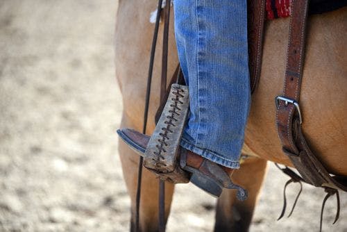 A rider in jeans a cowboy boots sits on a horse