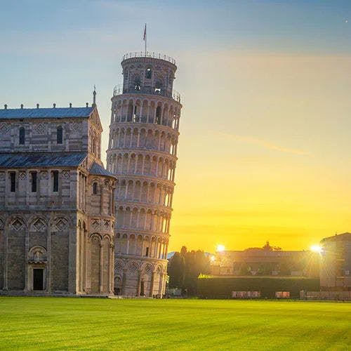 The Leaning Tower of Pisa at sunset
