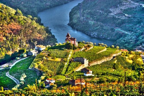 Duoro Vallety landscape with river, vineyards and church