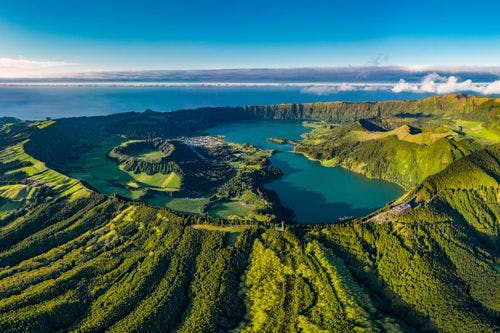 Water-filled volcanic caldera in the Azores
