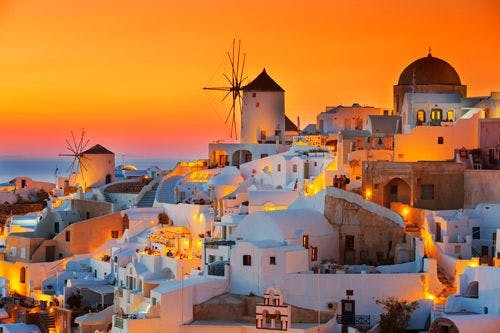 Vibrant sunset over Oia town