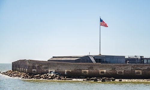 Fort Sumter Nation Monument on an island in South Carolina - military-style base with the American flag