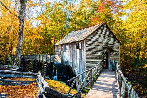Historic wooden building in Cades Cove in the Great Smoky Mountains