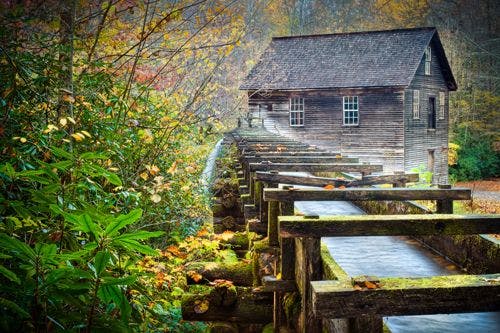 Mingus Mill - a wooden building with artificial stream in the forest