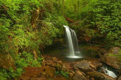A waterfall in a dense forest in the Great Smoky Mountains