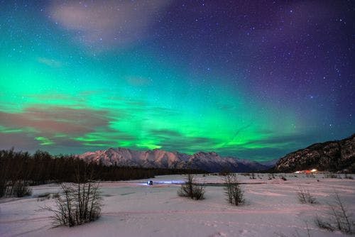 Northern lights dancing across the sky in a snowy Alaskan landscape