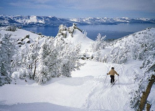 A person skiing down the mountain in Lake Tahoe