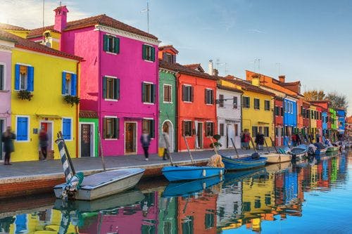 Colorful buildings lining a canal in Burano