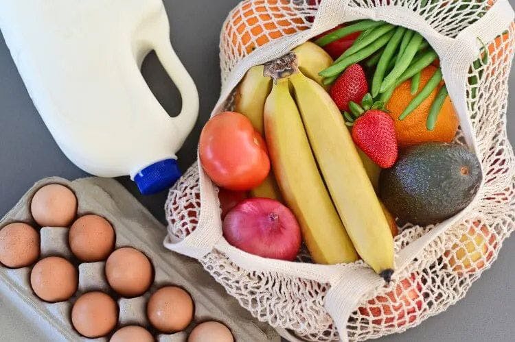 A grocery bag filled with fruit and vegetables, with a carton of milk and eggs by the side