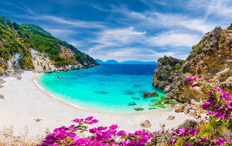 Bay with white beach and sea cliffs in Lefkada