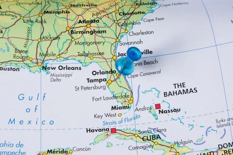 A map of Florida with a blue pin in Orlando