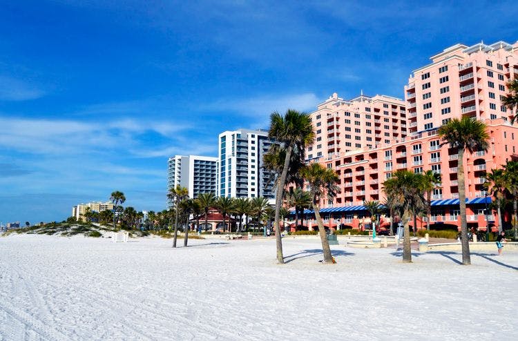 COndo blocks along the white sand of Clearwater Beach
