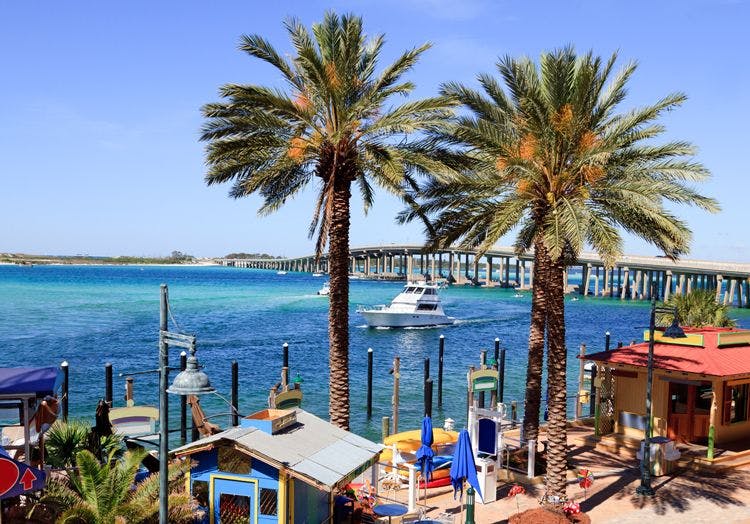 Sea front cafes and palm trees in Destin
