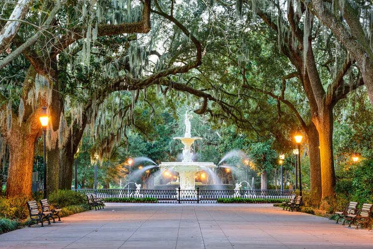 Tree-lined park with fountain in the center in Georgia