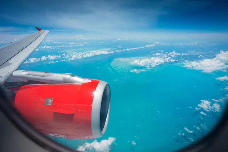 View from the window of a plane of the Caribbean Sea