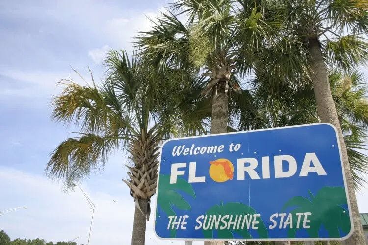 Welcome to Florida sign with palm tree behind