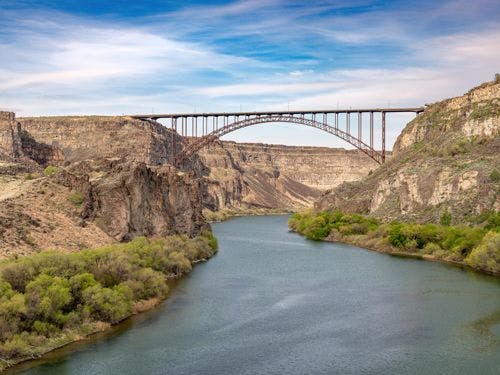 Iron arched Perrine Memorial Bridge over a gorge and river in Idaho