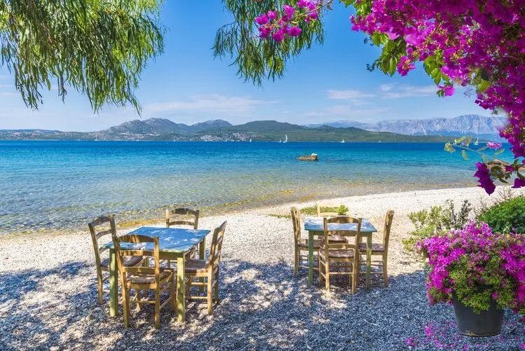 Restaurant tables and chairs on a shingle beach by the sea with bougainvillea flowers