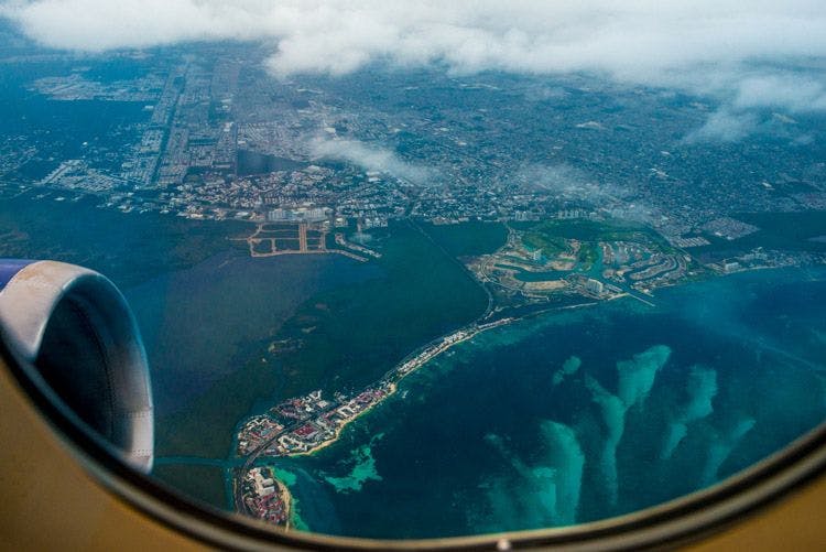 View of Cancun Mexico from a plane window