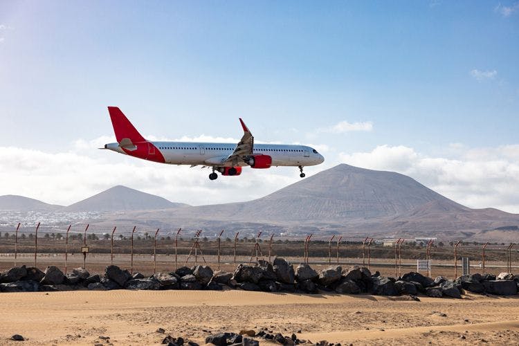 A plane landing at Lanzarote Airport