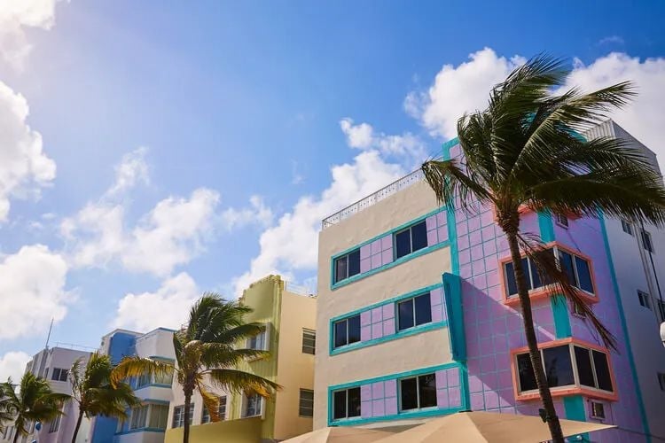 Art Deco style pastel colored buildings in Miami