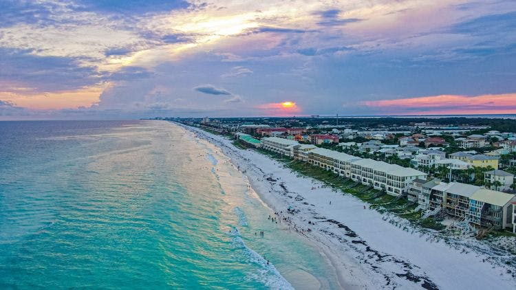 Aerial view of Miramar Beach, Florida at sunset