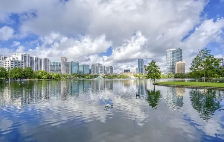 Downtown Orlando skyscrapers by a large lake