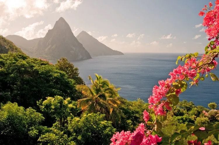View of the Pitons on the Saint Lucia coastline