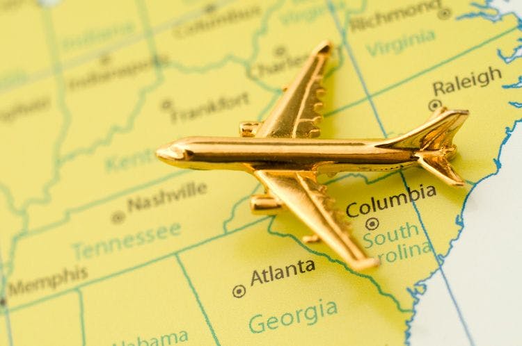 Golden plane model on a map of South Carolina