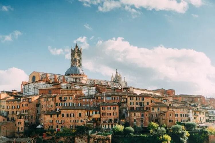 View of Siena city with domed church and tower