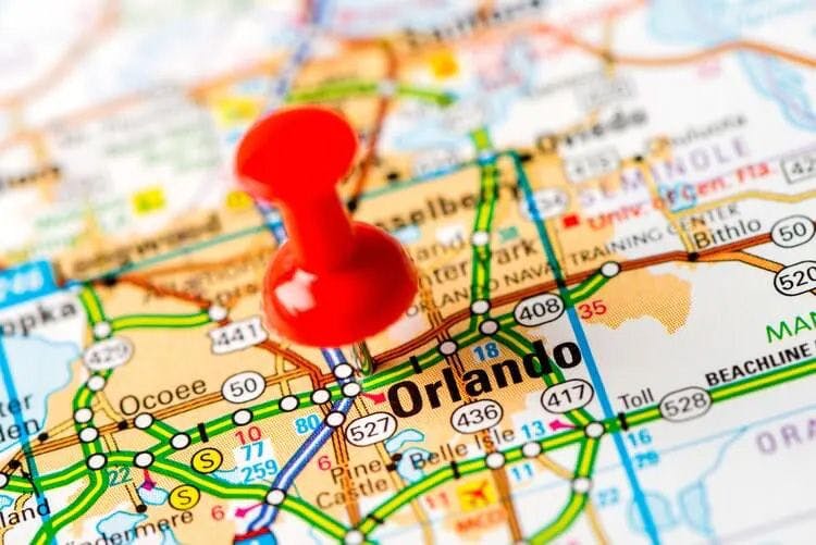 A map of Orlando with a red push pin in it
