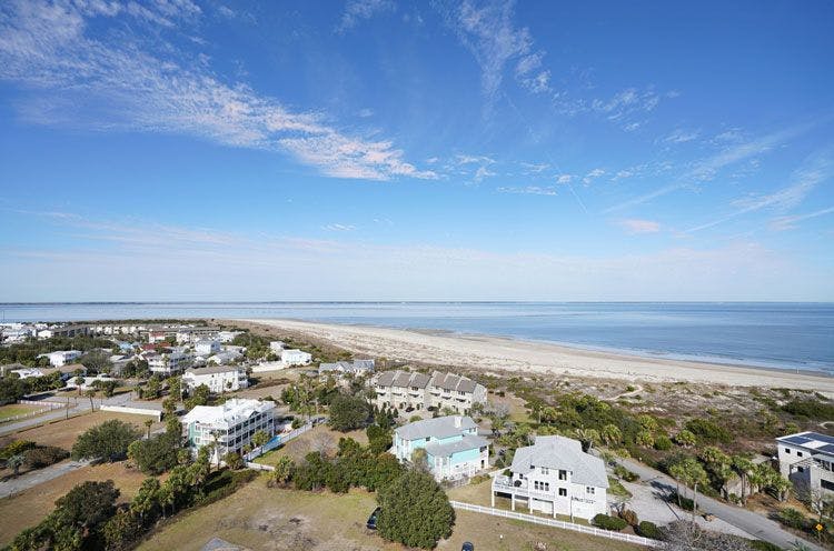 View of beach and homes on Tybee Island