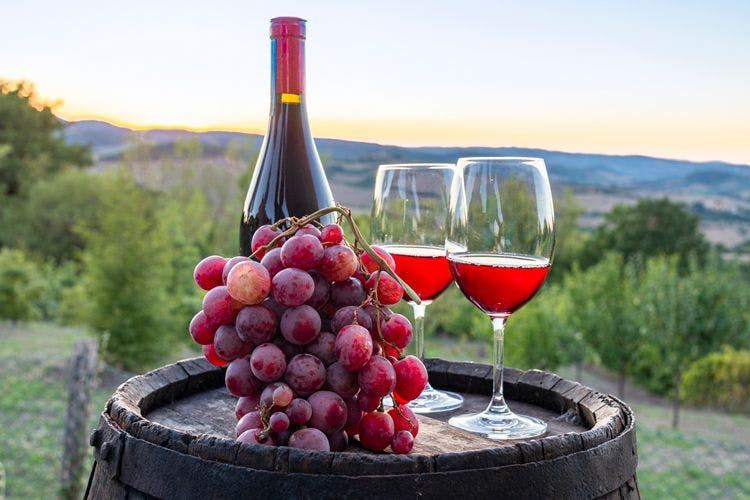 A bottle of red wine, grapes and two glasses of red wine on a barrel in a vineyard