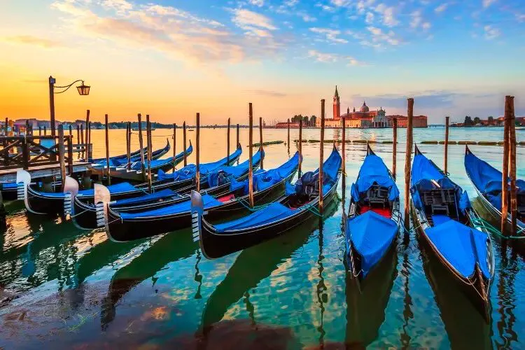 Gondolas moored across from St Mark's Square in Venice