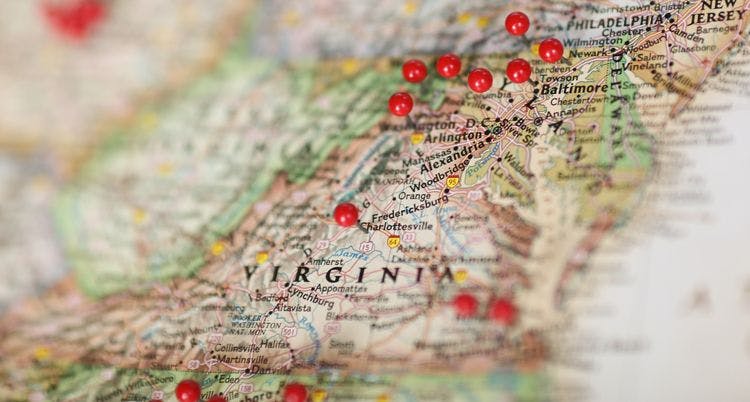 Map of Virginia with red push pins in it