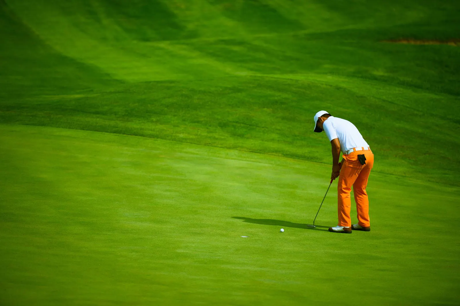 A man in orange trousers playing golf