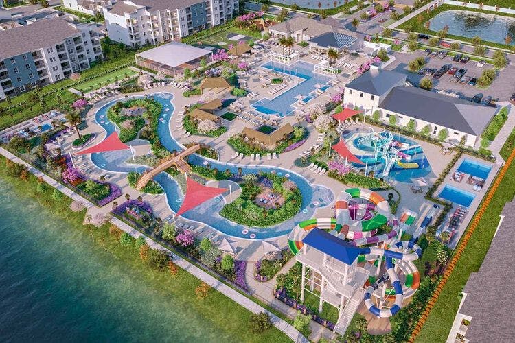 Aerial view of the water park at the Villatel Orlando Resort